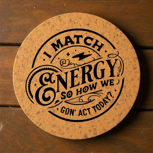 'I Match Energy' Lasered Cork Coasters for Drinks (6 Pack)